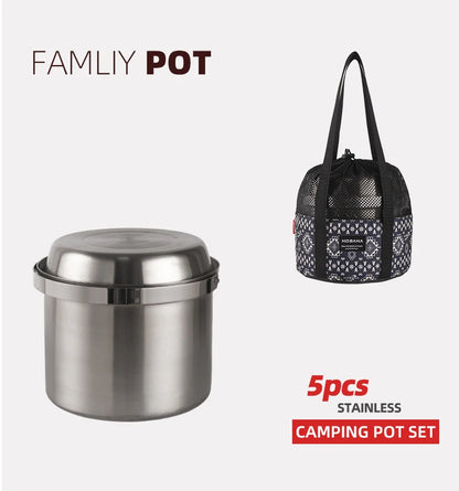 A Style Outdoor Stainless Steel 5pcs Camping Tourism Family 5L Portable Picnic Soup Frying Steaming Household