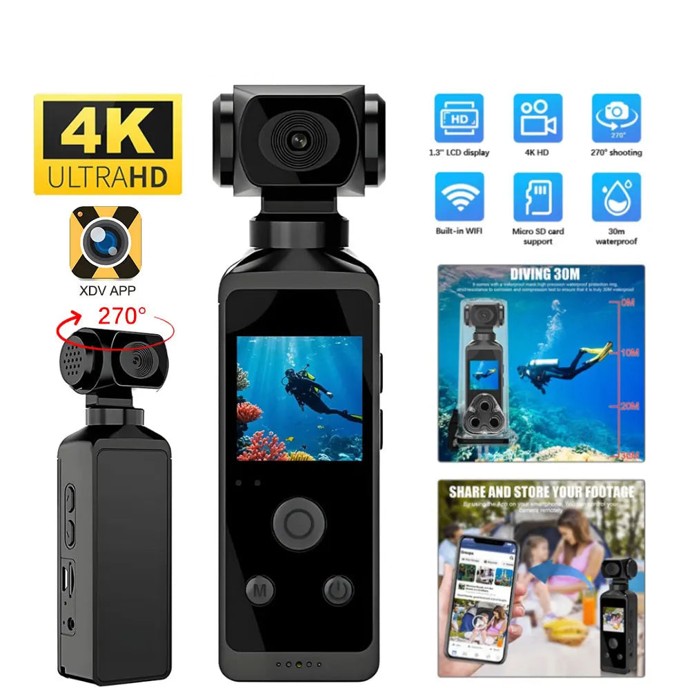 4K HD Pocket Action Camera 270° Rotatable Anti Shaking Wifi Sports Camera 30m Waterproof Small Video Camcorder for Photography
