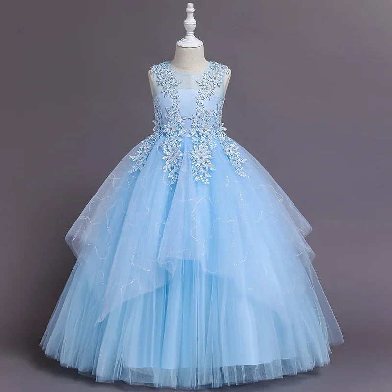 Summer Flower Girls Party Lace Dress Kids Long Princess Dress Mesh Children's Day Clothing Gowns for Girls for Wedding