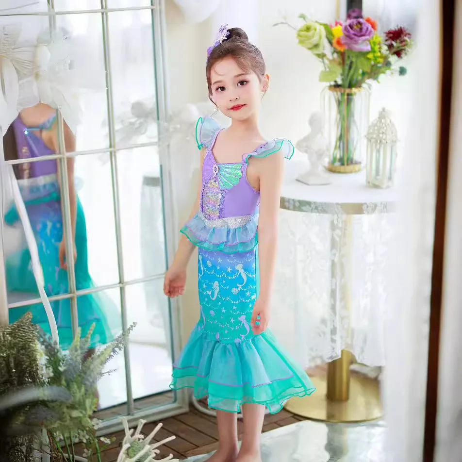 Mermaid Princess Dress for Girls - Summer flutter sleeves Sequin Tulle Dress Sparkling Ocean Themed Party Gown