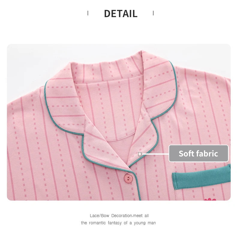 Women’s Winter 100% Cotton Pajama Set – Loose Fit, Turn-Down Collar, Long Sleeves, Cute Pink