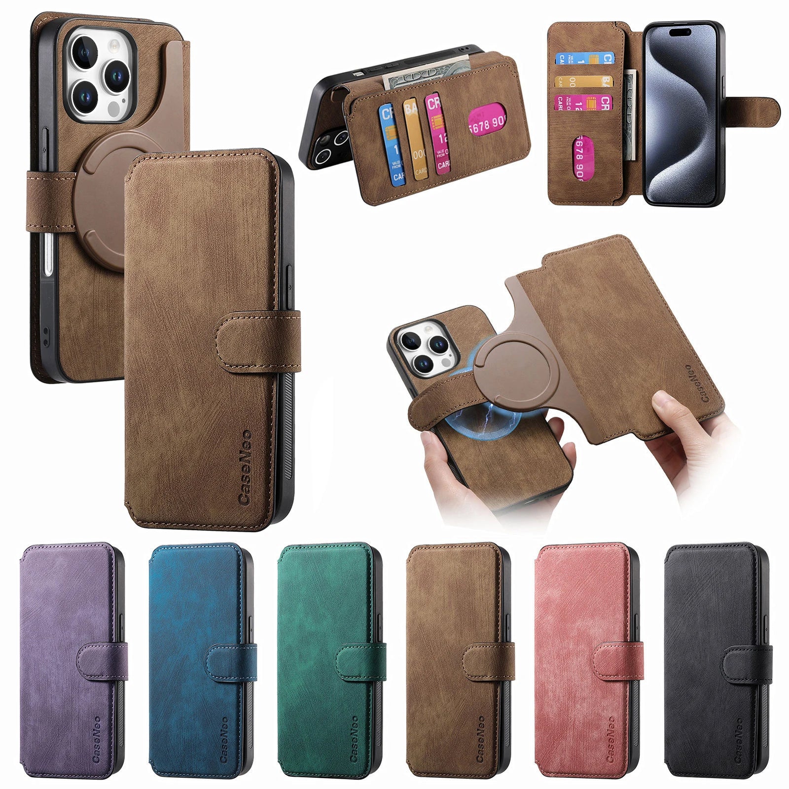 Flip Leather Wallet Case for iPhone 16 15 Pro Max 14 Plus 16E Magsafe  Detachable Card Slot Holder Cover