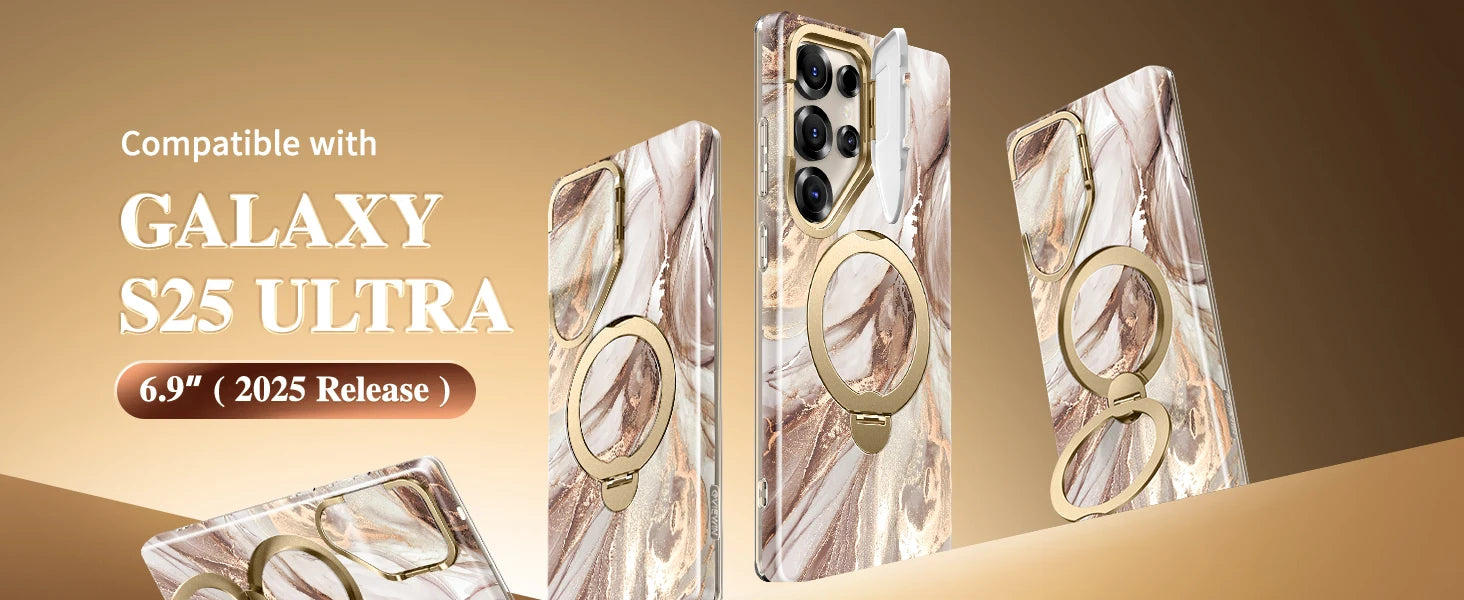 for Samsung Galaxy S25 Ultra with 360° Spin  Magsafe Stand Camera Cover Stand Drop Protection Marble Phone Cover