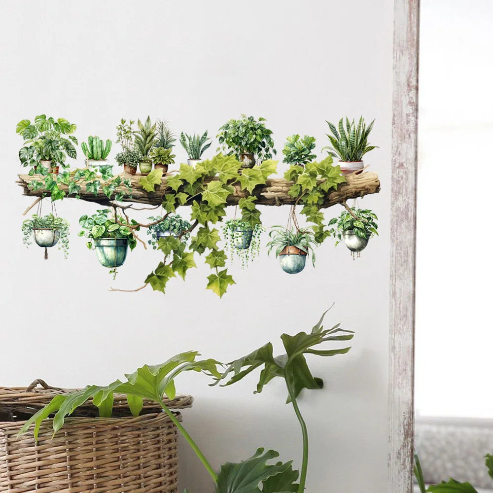 Green Vine Dill Leaves Flower Hanging Basket Wall Stickers Bedroom Dining Living Room Kitchen Green Plant Home Decor Wall Decals