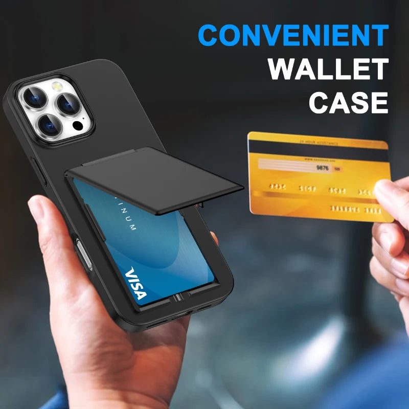 Luxury Solid Color Matte Wallet Card Slot Bracket Phone Case For iPhone 16 Pro Max 14 15 Pro Max Bumper Back Cover