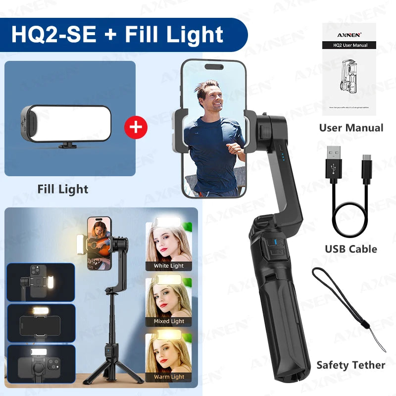 HQ2 SERIES Mobile Phone Stabilizer Handheld Gimbal for Smartphone Gopro Action Camera Extension Rod Selfie Stick Tripod