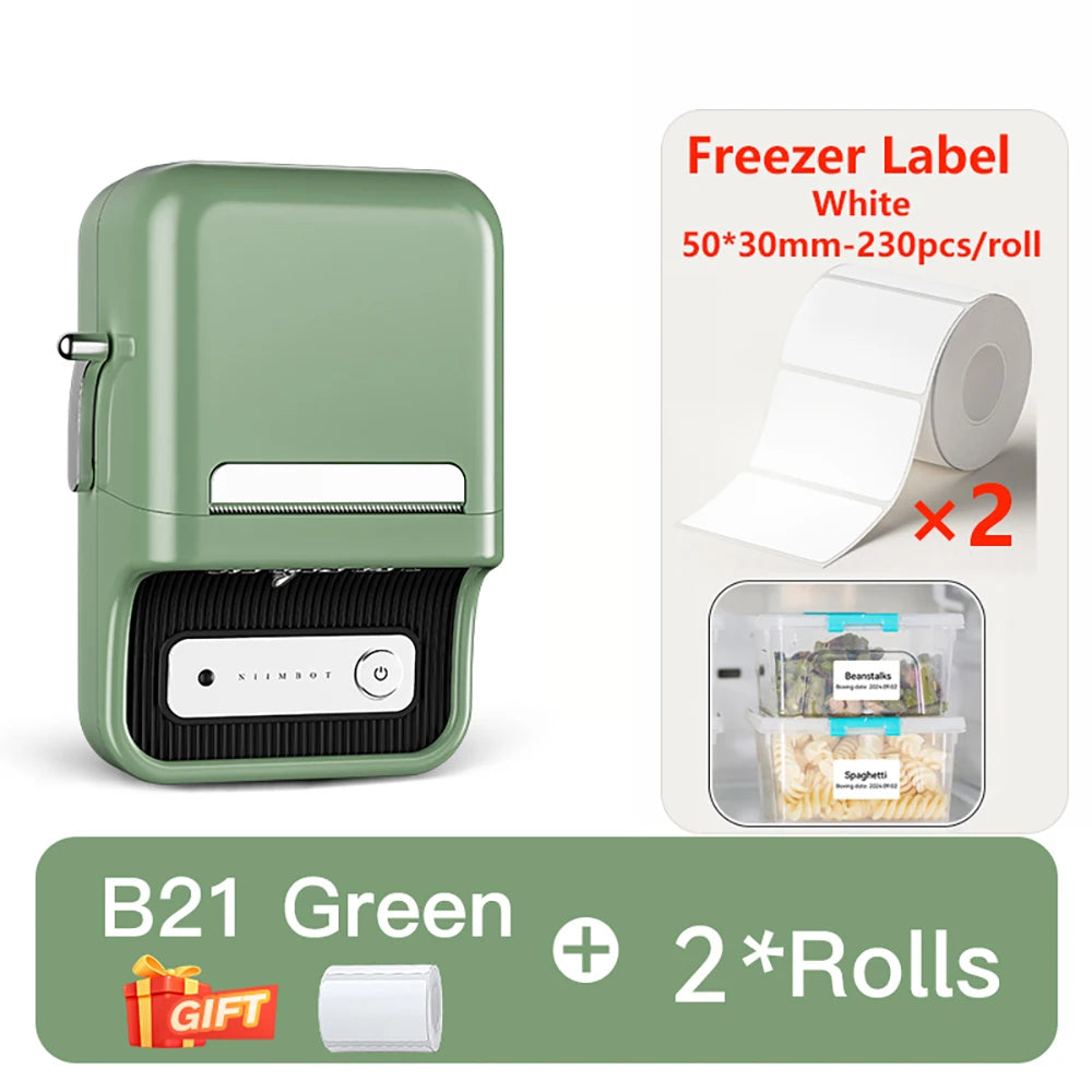B21 Kitchen Label Printer, Bluetooth Wireless Thermal Label Maker 20–50mm, Inkless Freezer Sticker Printer for Home & Food Storage