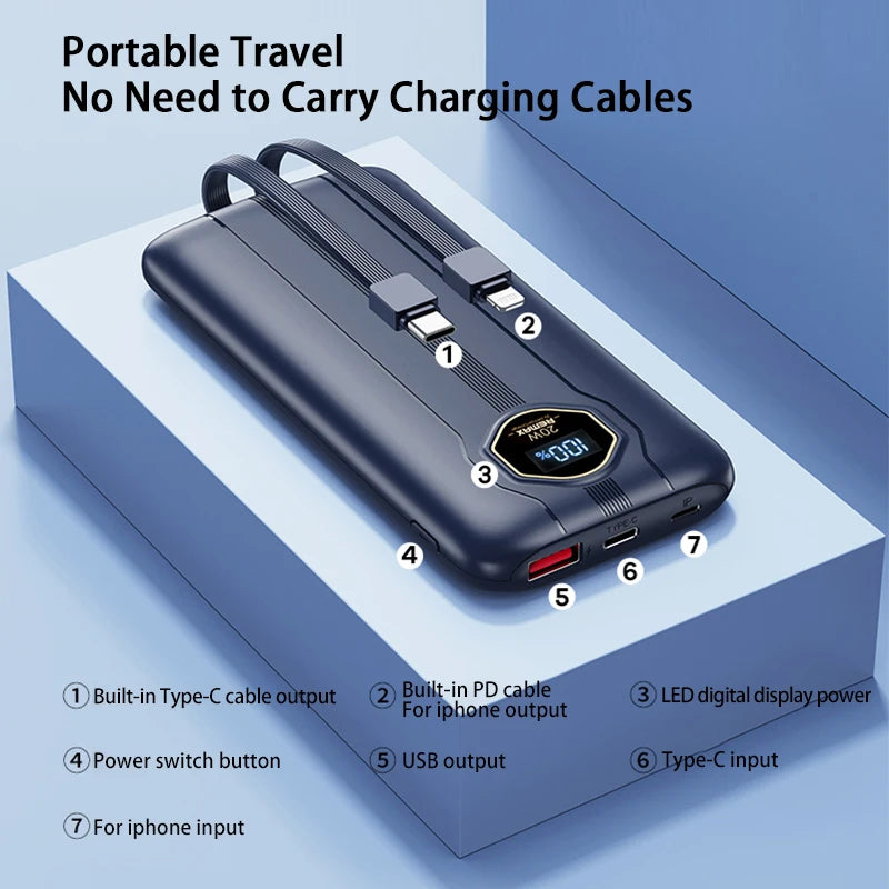 5 In 1 Power Bank 10000mAh PD 20W Fast Charing Built-in Dual Cable With Intelligent LCD Screen for iPhone 12-17 Huawei Xiaomi