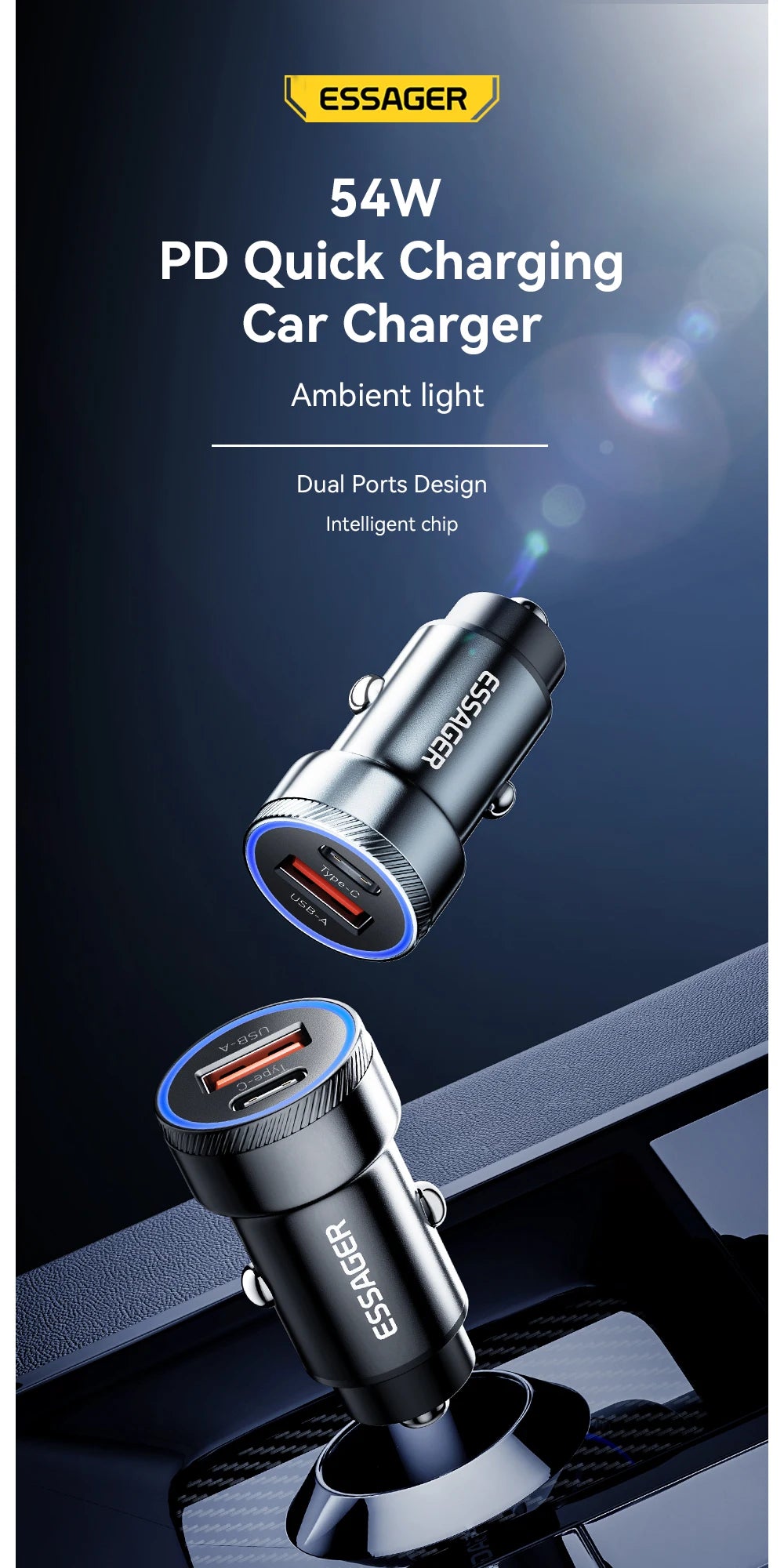 54W USB C Car Charger PD 3.0 QC 3.0 Fast Charging Dual Port 5A Type C USB Car Charger