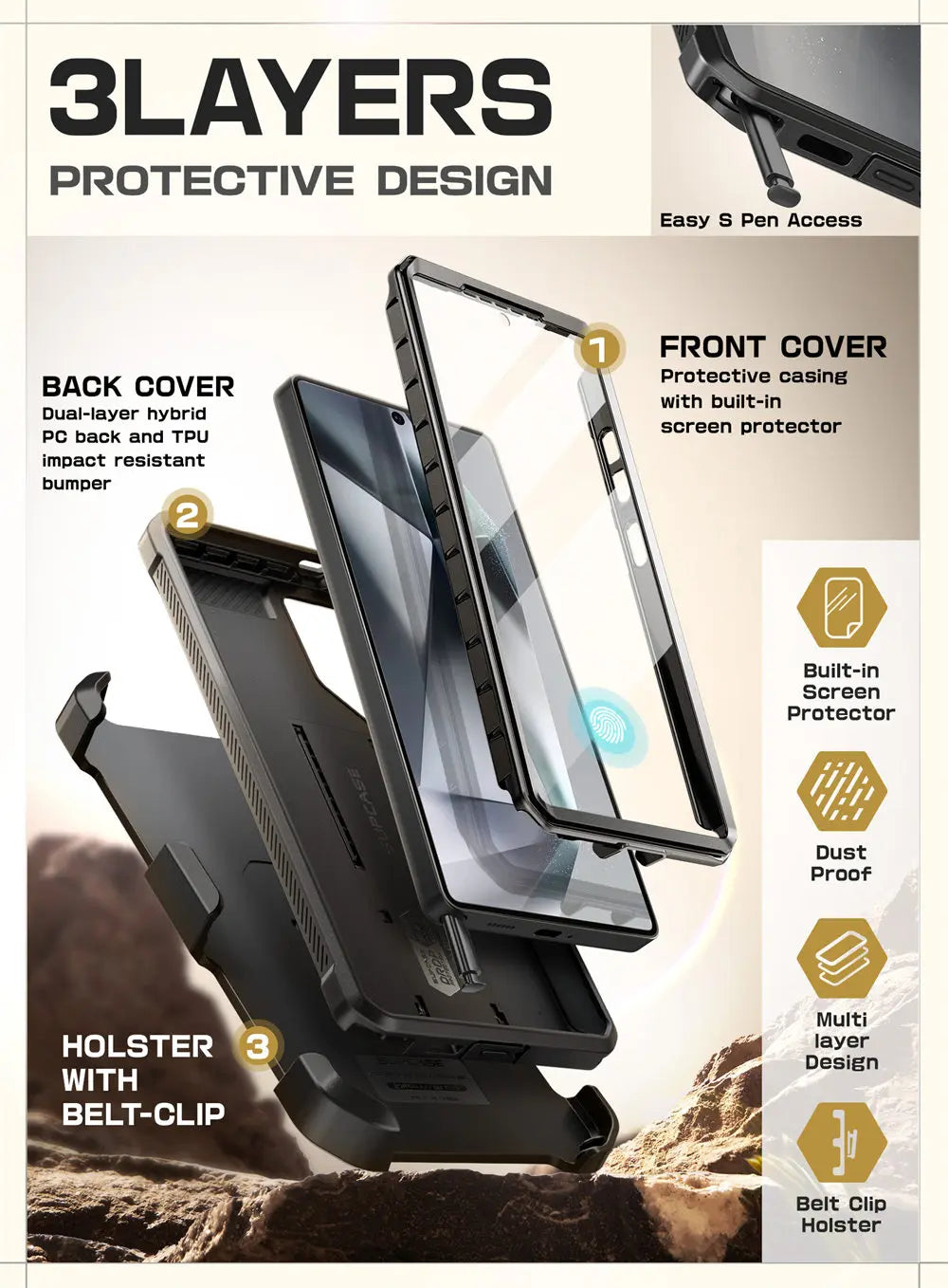 For Samsung Galaxy S25 Ultra Case UB Pro Full-Body Dual Layer Rugged Belt-Clip Phone Case with Built-in Screen Protector