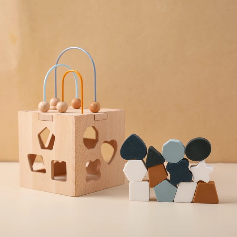 Montessori Puzzle Education Stacking Toy Wooden Box Toy Silicone Geometric Shape Blocks Shape Matching Toys for Toddler Baby Gam