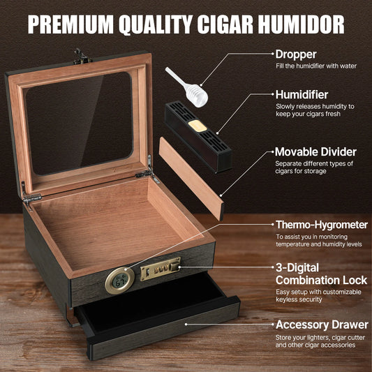 Cigar Humidor, Glass Top Desktop Box with Digital Thermo-Hygrometer, Humidifier, Divider, Accessories Drawer & Combination Lock