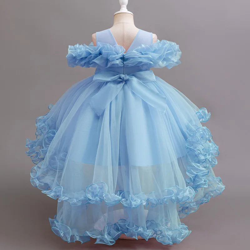 Luxury Off-Shoulder Girls' Dress - Convertible Tulle Ball Gown for Birthday Parties & On-Stage Events