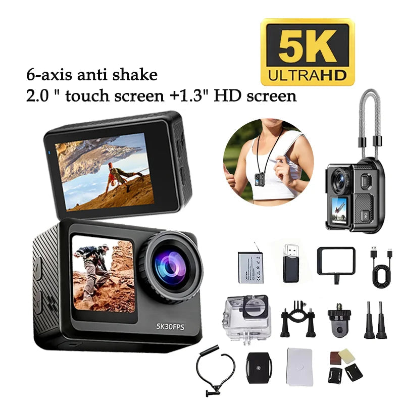 5K Magnetic Action Camera with Dual Touch Screen 4K60FPS 6-Axis EIS Waterproof Sports Camera for Cycling Vlog