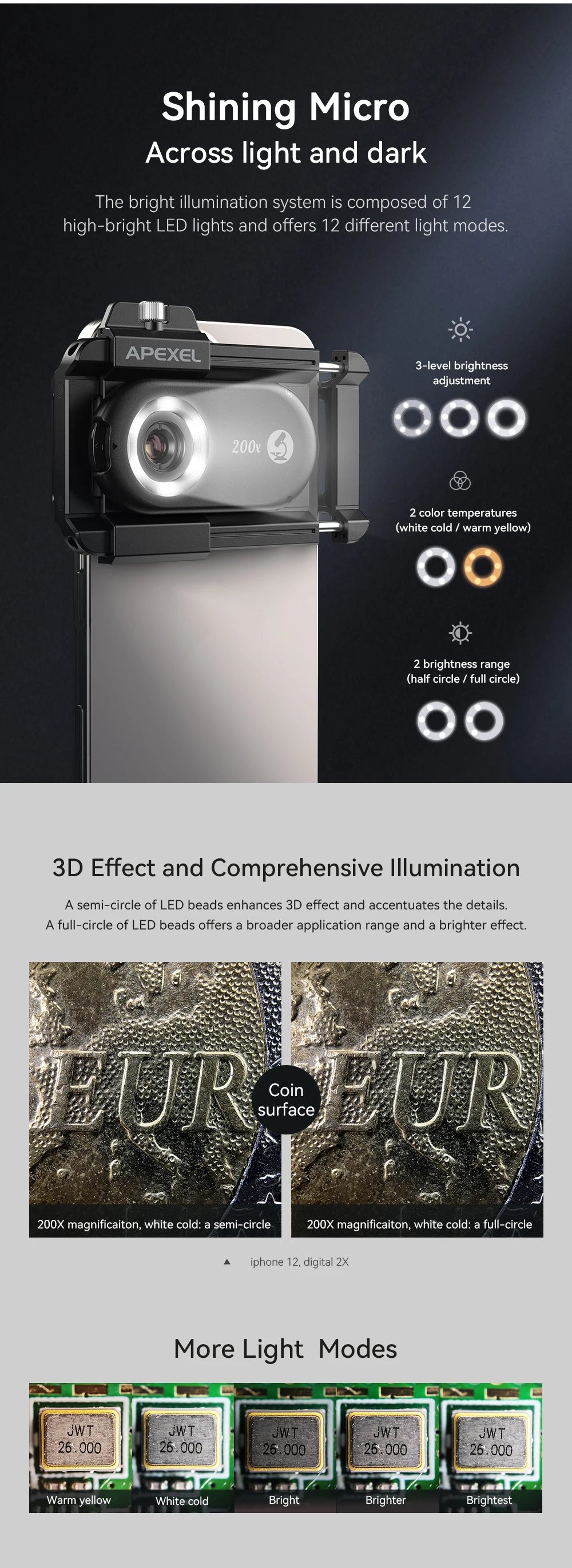 200X Smartphone Microscope Lens with LED Light