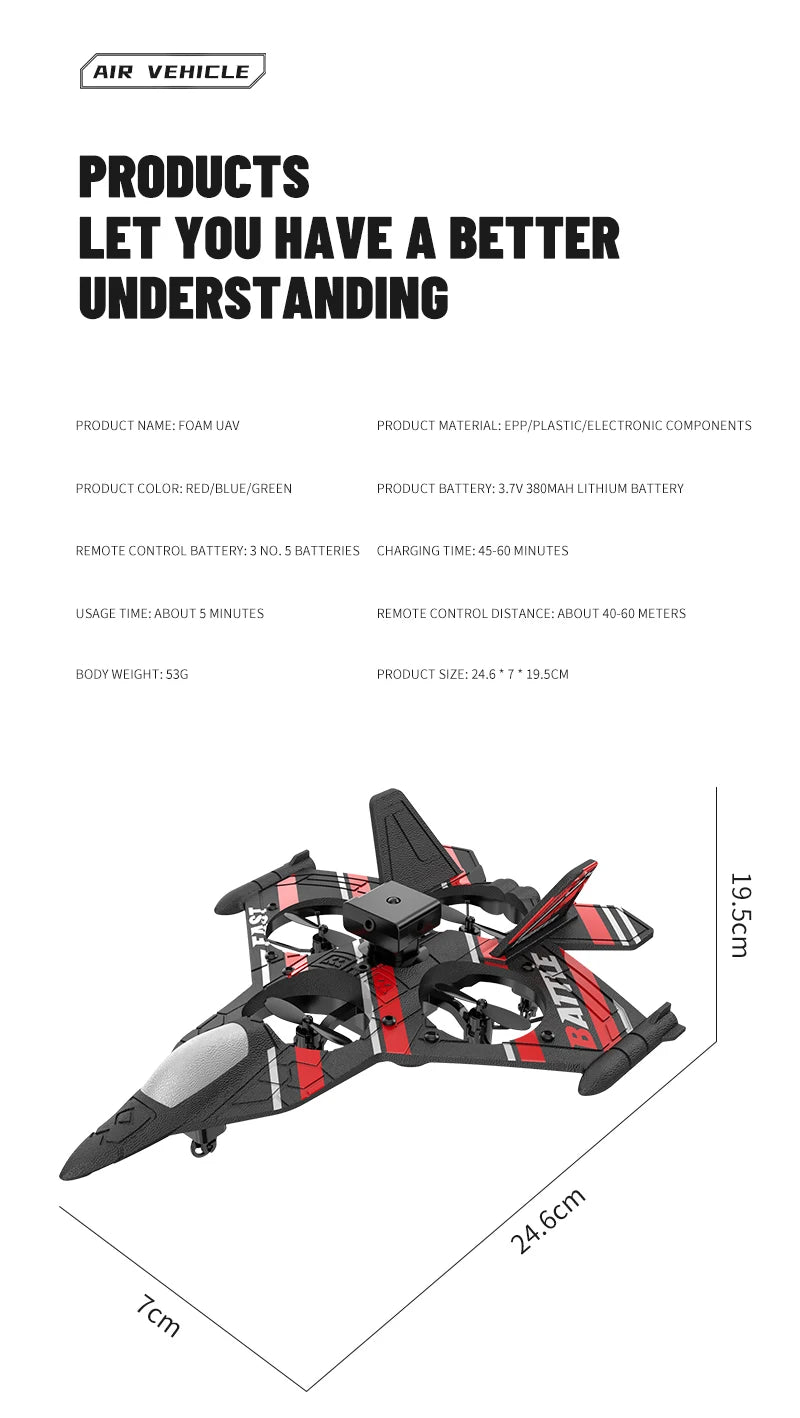 RC Plane with Camera Helicopter Remote Control Aircraft Obstacle Avoidance Fighter 2.4G Airplane EPP Foam Plane  Toys
