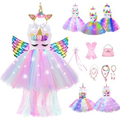 Girl Unicorn Dresses for Girls Tutu Princess Party Dresses with LED Lights Flower Birthday Party Cosplay Costume Girls Clothing