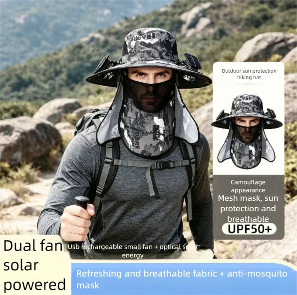 Wide Brim Solar Fan Hat With Dual Fans And USB Charging