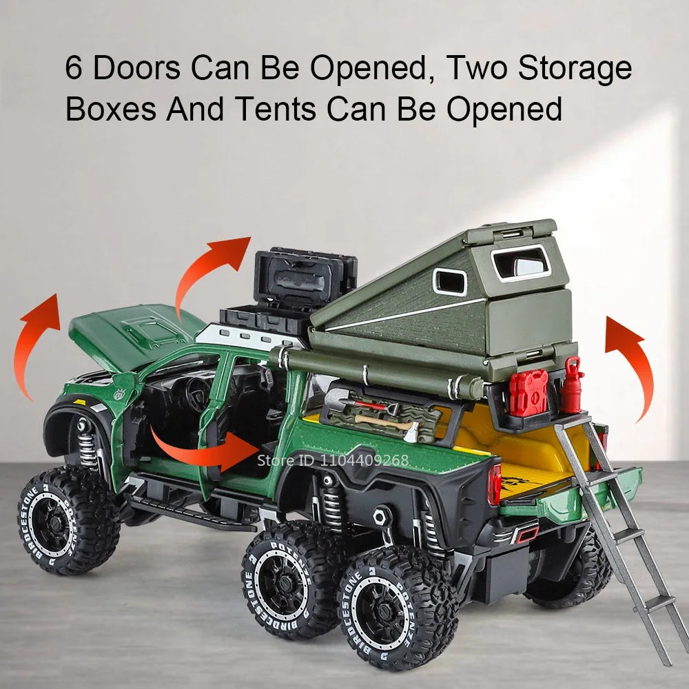 1:28 Scale UNIMOG Motorhome X-Class 6x6 U5000 Car Model Toy Sound Light Pull Back Doors Opened Off-road Vehicle Models Boys Gift