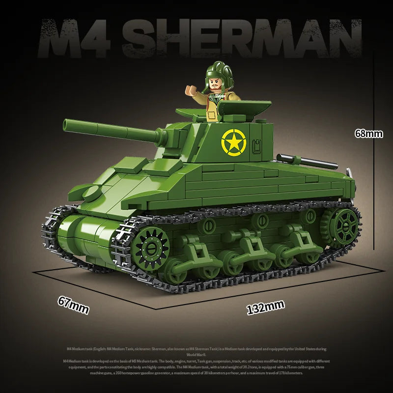 US Army Military World War WW2 M4 Sherman 75 Medium Tank Building Blocks Stuart Tank Bricks Educational Toys for s Gift