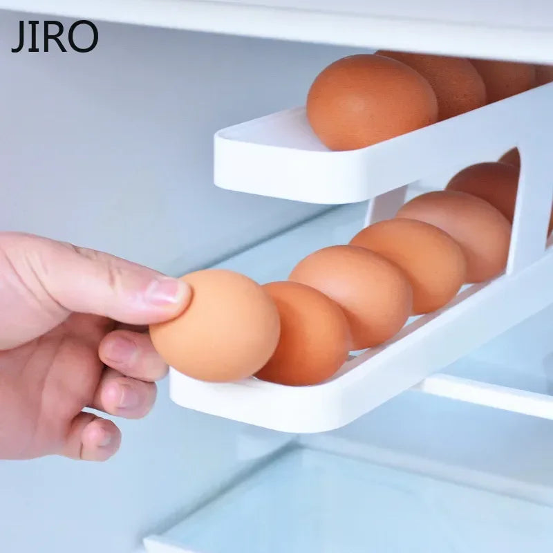 Automatic Rolling Egg Holder Rack – Refrigerator Egg Storage Box Kitchen Fridge Organizer