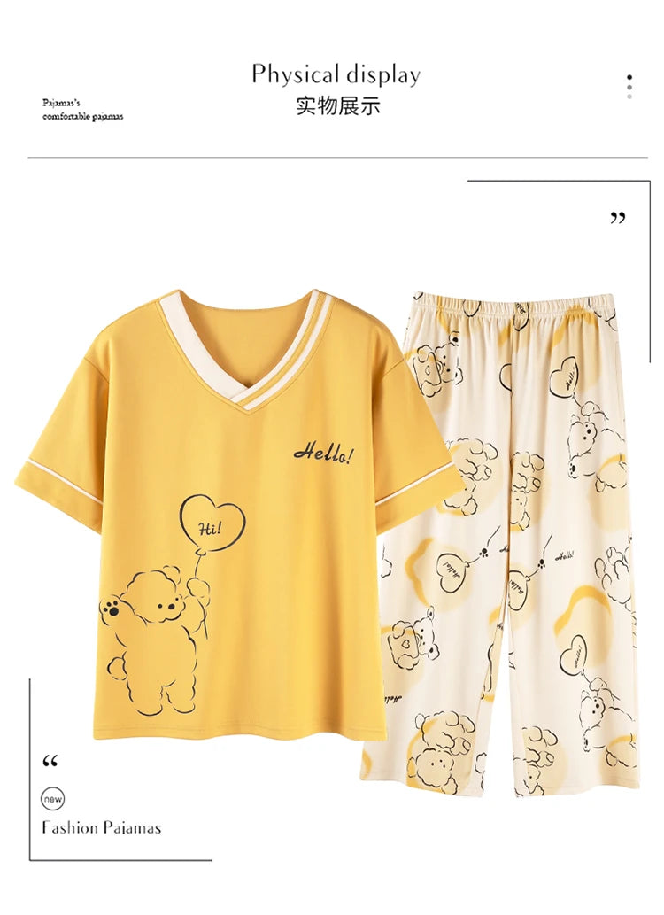 2-Pcs Women’s Summer Cotton Pajama Set – Short Sleeve Top & Calf-Length Pants with Cute Prints