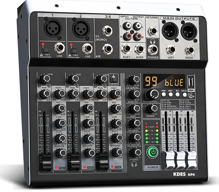 KDES KP4 Audio Mixer 4 Channel 99 DSP Effect Record PC 48V Phantom Power USB Sound Mixers Bluetooth DJ Console Mixing for Karaok