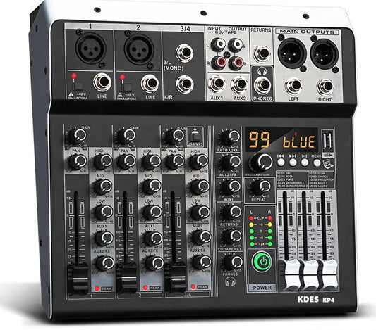 4 Channel Audio Mixer With 99 DSP Effects USB Bluetooth And 48V Phantom Power
