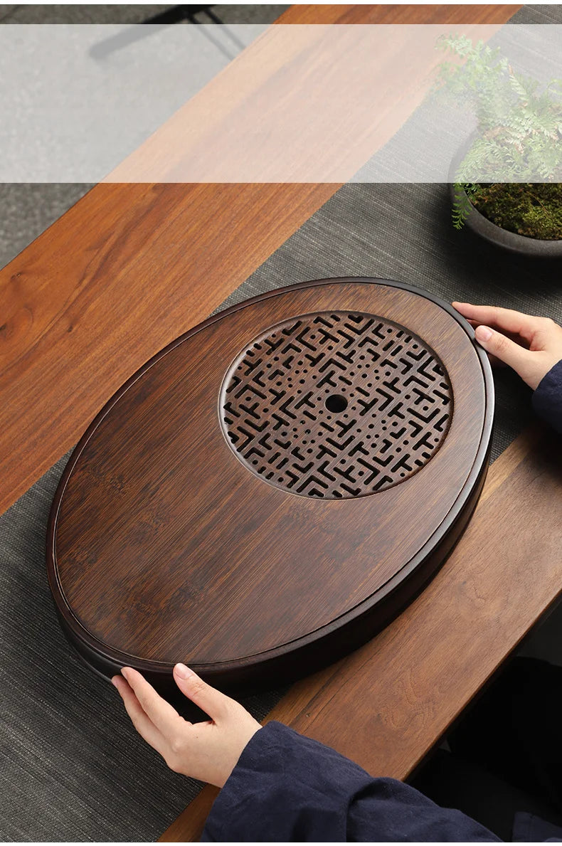 Chinese Tea Ceremony Culture Oval Tea Tray Natural Bamboo Hollow Drainage Storage Tea Tray Home Solid Wood Storage Tray