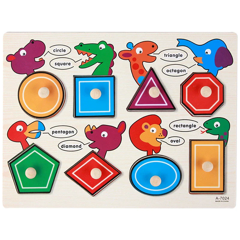 Montessori Wooden Puzzles Hand Grab Boards Toys Tangram Jigsaw  Educational Toys Cartoon Vehicle Animals Fruits 3D Puzzles