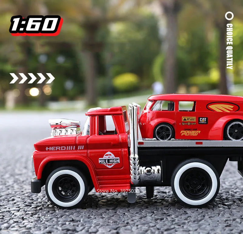 1:60 Scale American Muscle Alloy Trailer Cars Diecast Models Toys with Sound Light Pull Back Vehicle Boys Collection Gifts