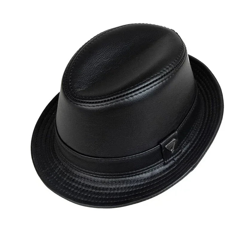 Man High Quality Genuine Leather Jazz Fedora Gentleman Cow Skin Short Brim Fitted Top Hat Male Shows