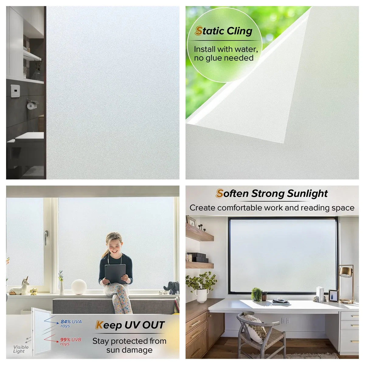 Gray Matte Window Film Privacy Stained Glass Film Static Cling Self Adhesive Film Frosted UV Protective Glass Vinyl for Home