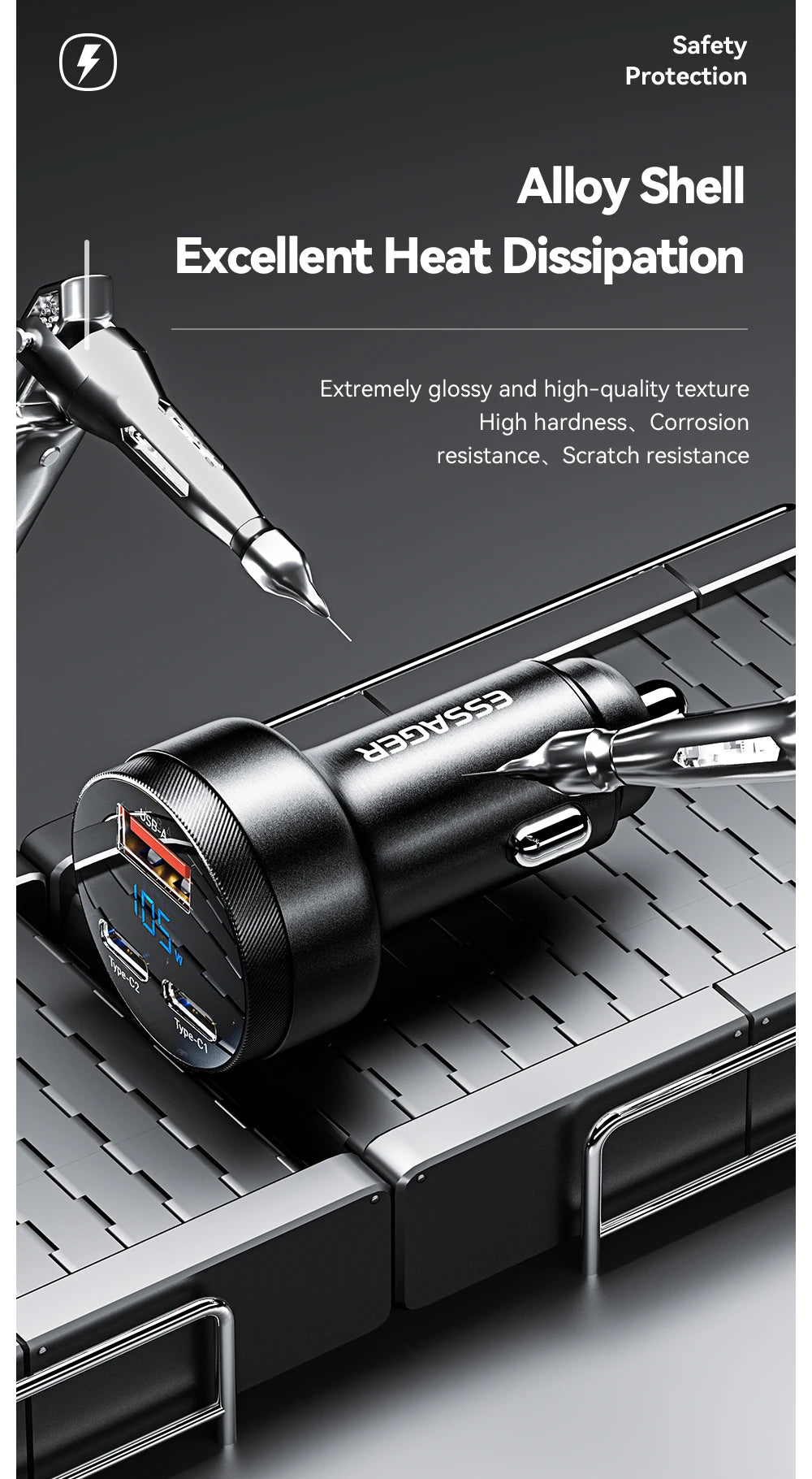 105W USB C Car Charger 3 Port PD 3.0 QC 4.0 Fast Charging GaN Adapter with Digital Display