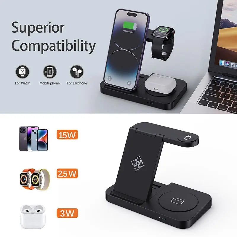 4 in 1 Foldable Wireless Charging Station For iPhone 16 15 14 13 12 Apple Watch 7/6 For Samsung Galaxy Watch Chargers 4/3
