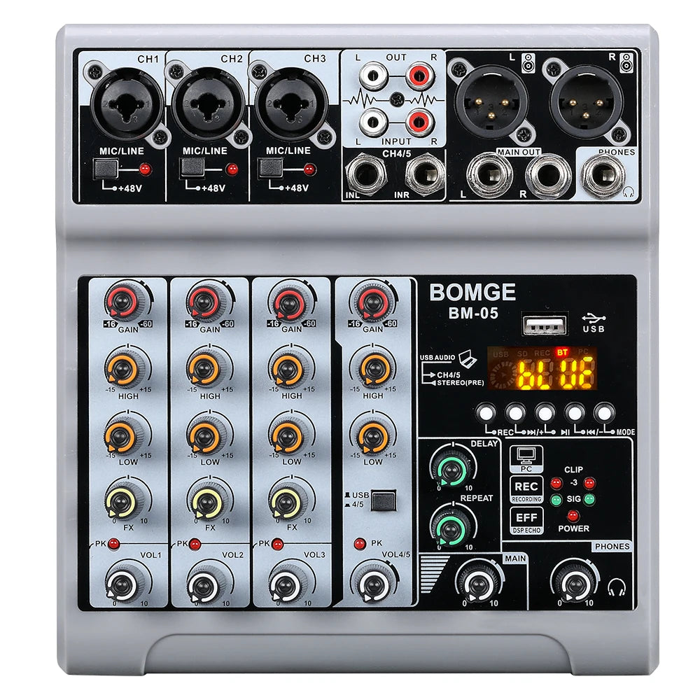 BM05 DJ Mixing Console with Bluetooth USB Audio Interface and 48V Phantom Power