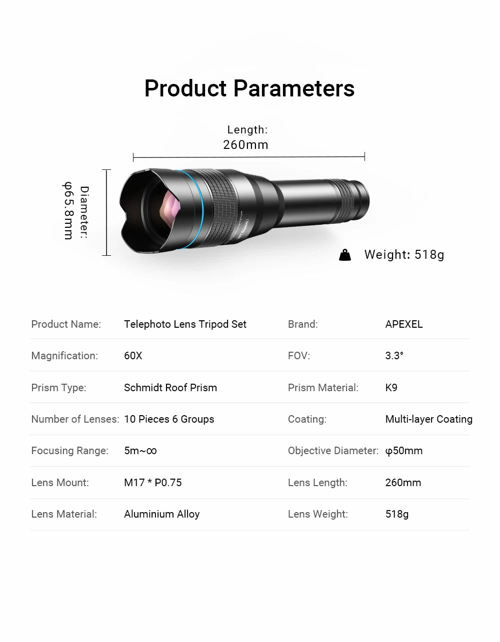 60X Smartphone Telephoto Telescope Lens with Universal Clip