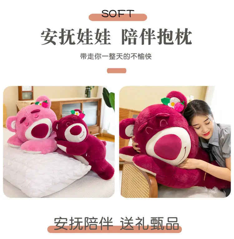Kawaii Strawberry Bear Plush Stuffed Animal Lying Down Pillow