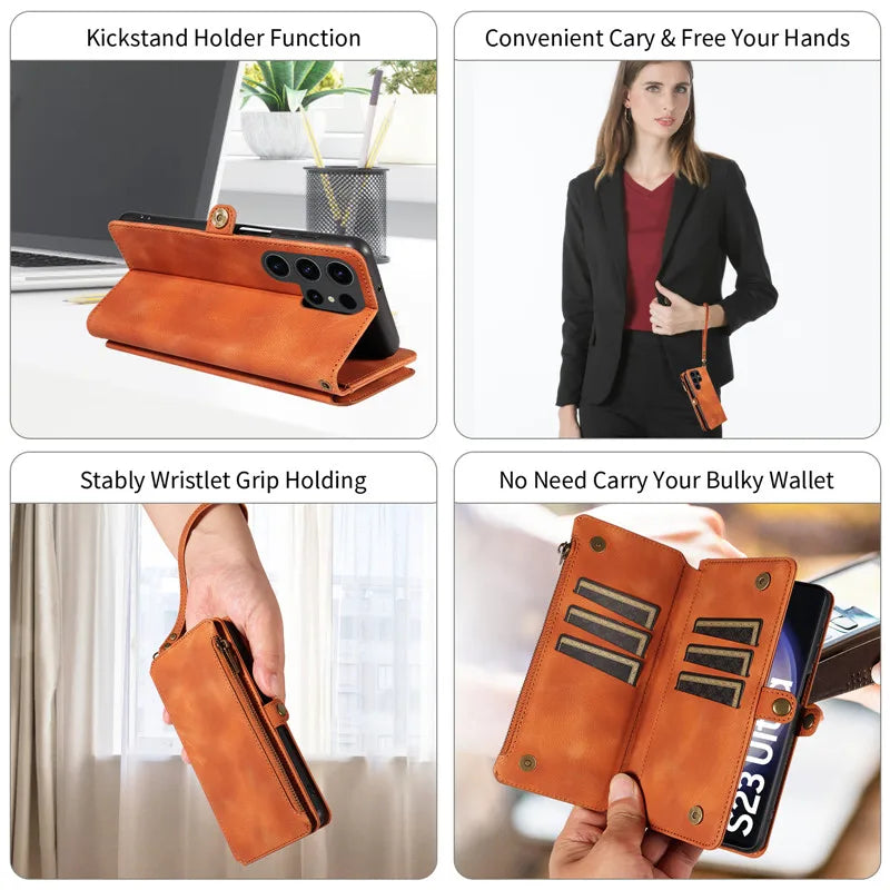 Luxury Leather Flip Wallet Case with Lanyard for Samsung Galaxy S26 / S25 / S24 / S23 Ultra & Plus – Magnetic Full Coverage Phone Bag Cover