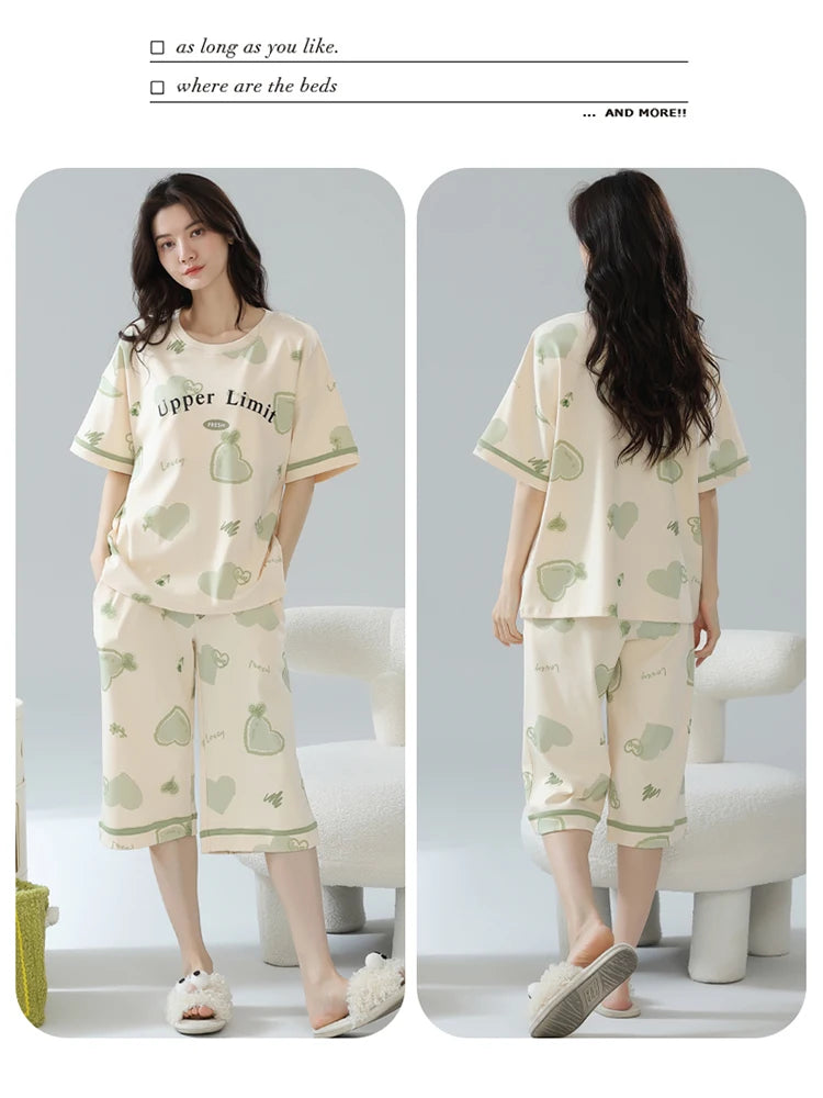 2-Pcs Women’s Summer Cotton Pajama Set – Short Sleeve Top & Calf-Length Pants with Cute Prints