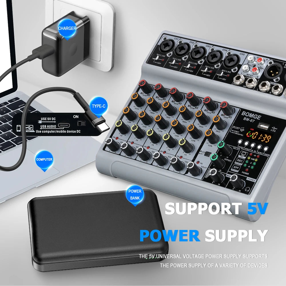 BOMGE 7 Channel Audio Mixer with Bluetooth USB 5 Mic Line 1 Stereo Input XLR Balanced 6.35mm Jack Output With headphone monitor