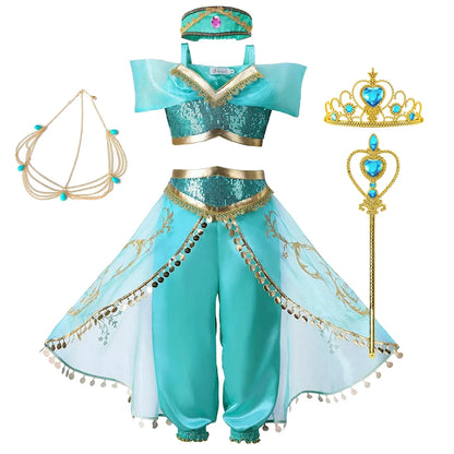 Girls Jasmine Dress Aladdin Princess Magic Lamp Carnival Birthday Clothing Vestidos Halloween Party Cosplay Costume