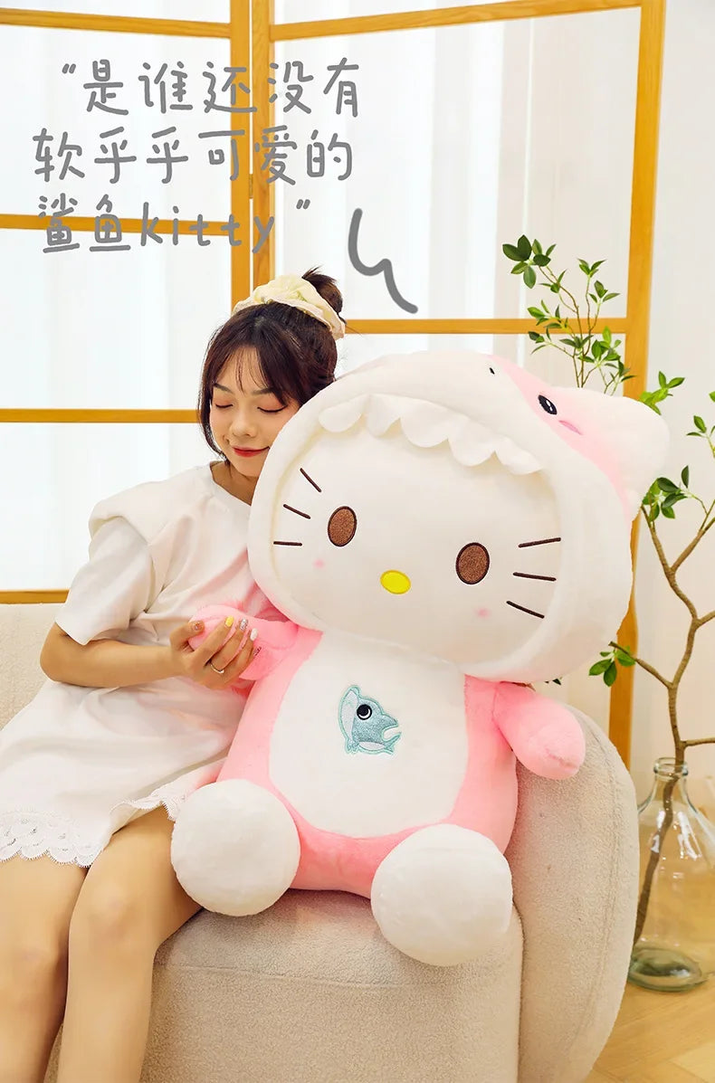 60cm Sanrio Shark Hello Kitty Cat Plush Toys Cartoon KT Cat Plushie Doll Soft Stuffed Anime Pillow Birthday Gifts for Kids Girls