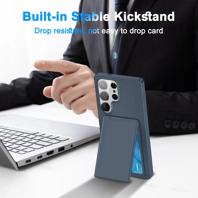 Luxury Solid Color Matte Wallet Card Slot Bracket Phone Case For Samsung S25 Ultra Edge S23 S24 Ultra Plus Bumper Back Cover