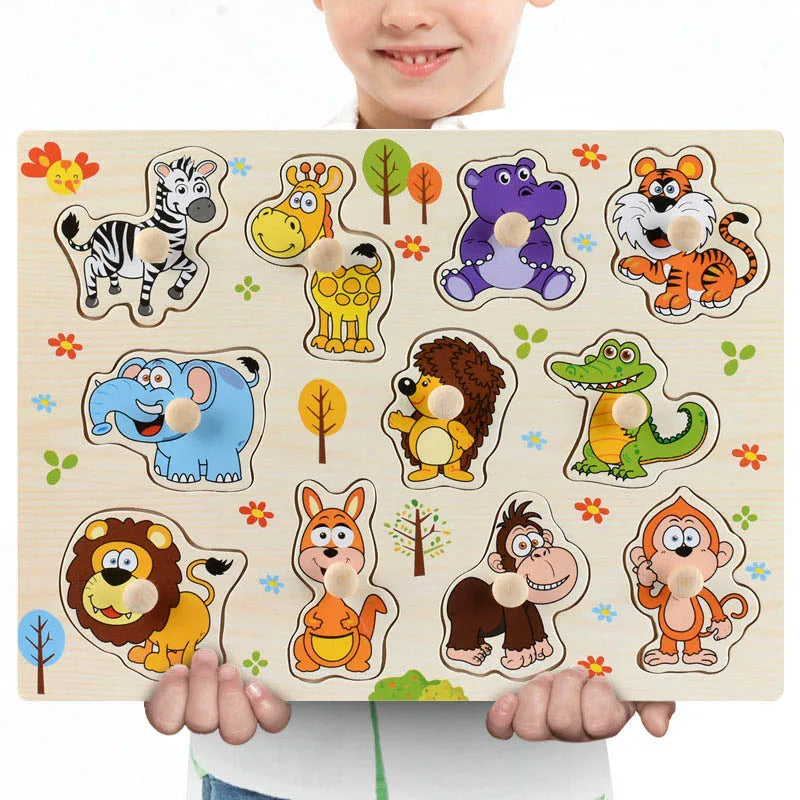 Montessori Wooden Puzzles Hand Grab Boards Toys Tangram Jigsaw  Educational Toys Cartoon Vehicle Animals Fruits 3D Puzzles