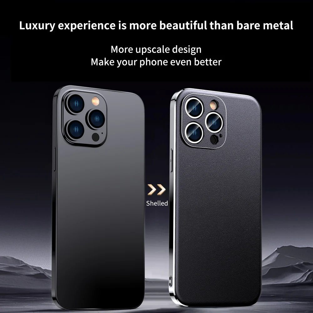 Genuine Cowhide Leather Phone Case for iPhone 16 15 14 Pro Max 14 Plus Plating Shockproof Lens Protection Back Cover
