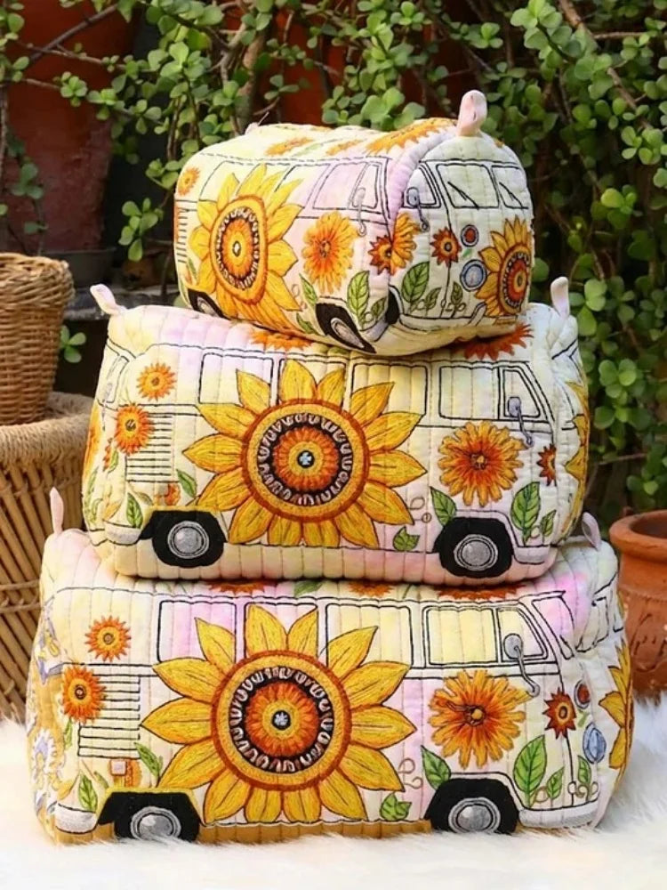 3-Size Quilted Cosmetic Bag 3D Printed Cute Animal Floral Printed Patchwork Makeup Toiletry Pouch Travel Organizer Storage Box