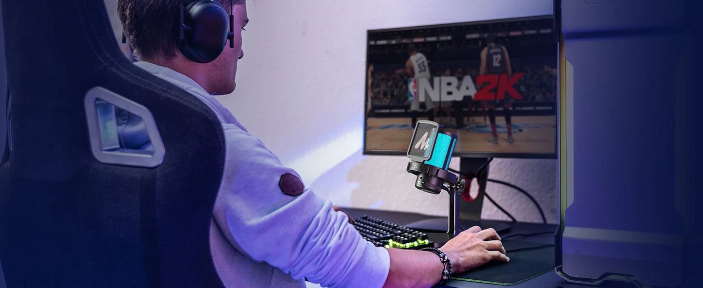 DGM20 Gaming Microphone,USB Microphone Condenser Mic RGB Gaming Mic with Noise reduction software,Mic Gain,One Key Mute