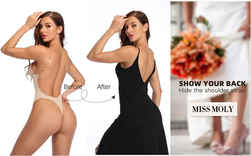 Women U Plunge Backless Bodysuit Shapewear – Deep V-Neck Tummy Control Body Shaper