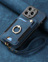 Luxury PU Leather Phone Case for iPhone 16 15 Pro Max 16e 14 Plus with Card Slot Ring Buckle Lanyard Back Cover